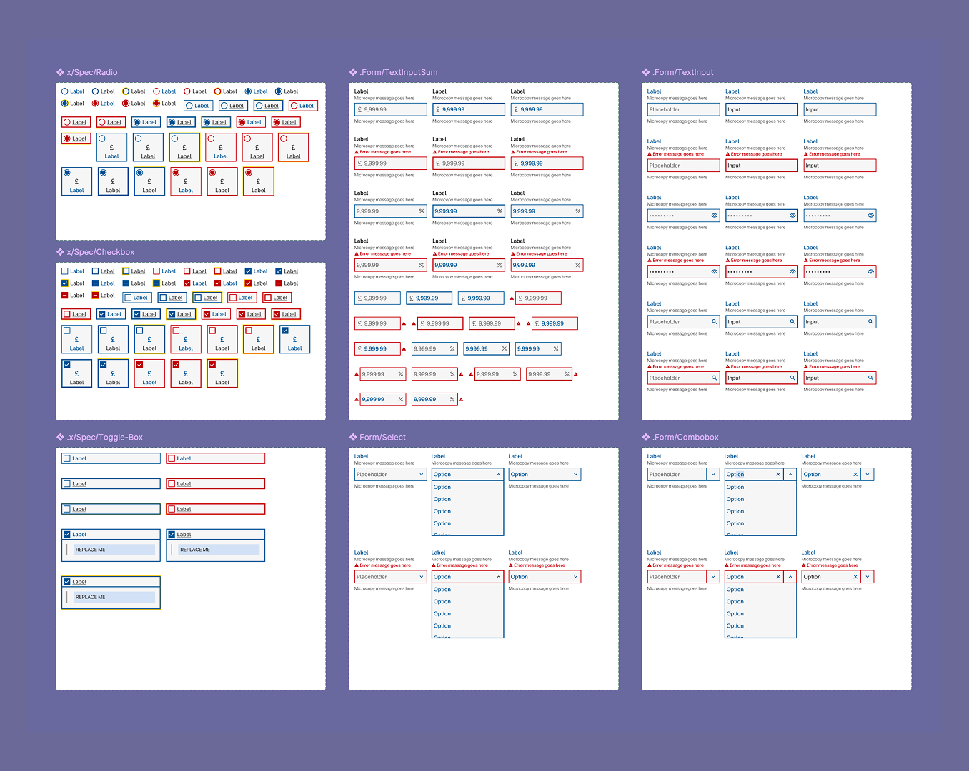 Form components: radio buttons, checkboxes, toggles, text inputs, selects, and comboboxes with all states