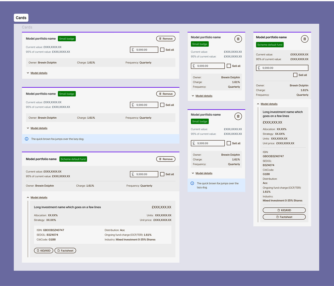 Model portfolio cards showing collapsed and expanded states with complex financial data