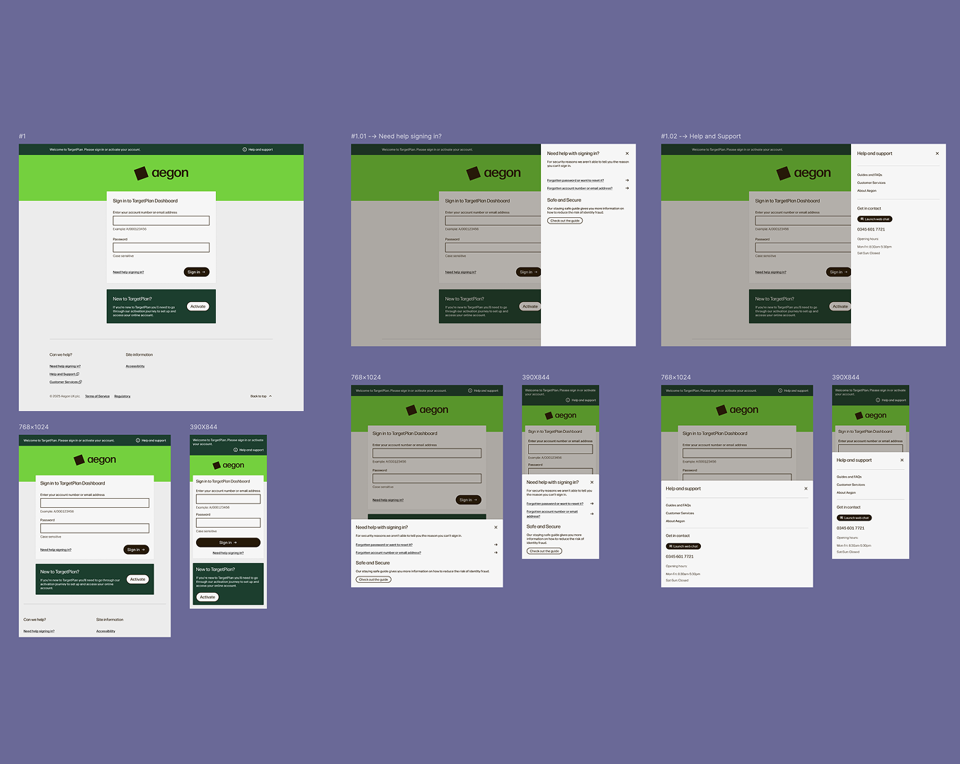 TargetPlan login flow with help and support modals, shown across tablet and mobile breakpoints