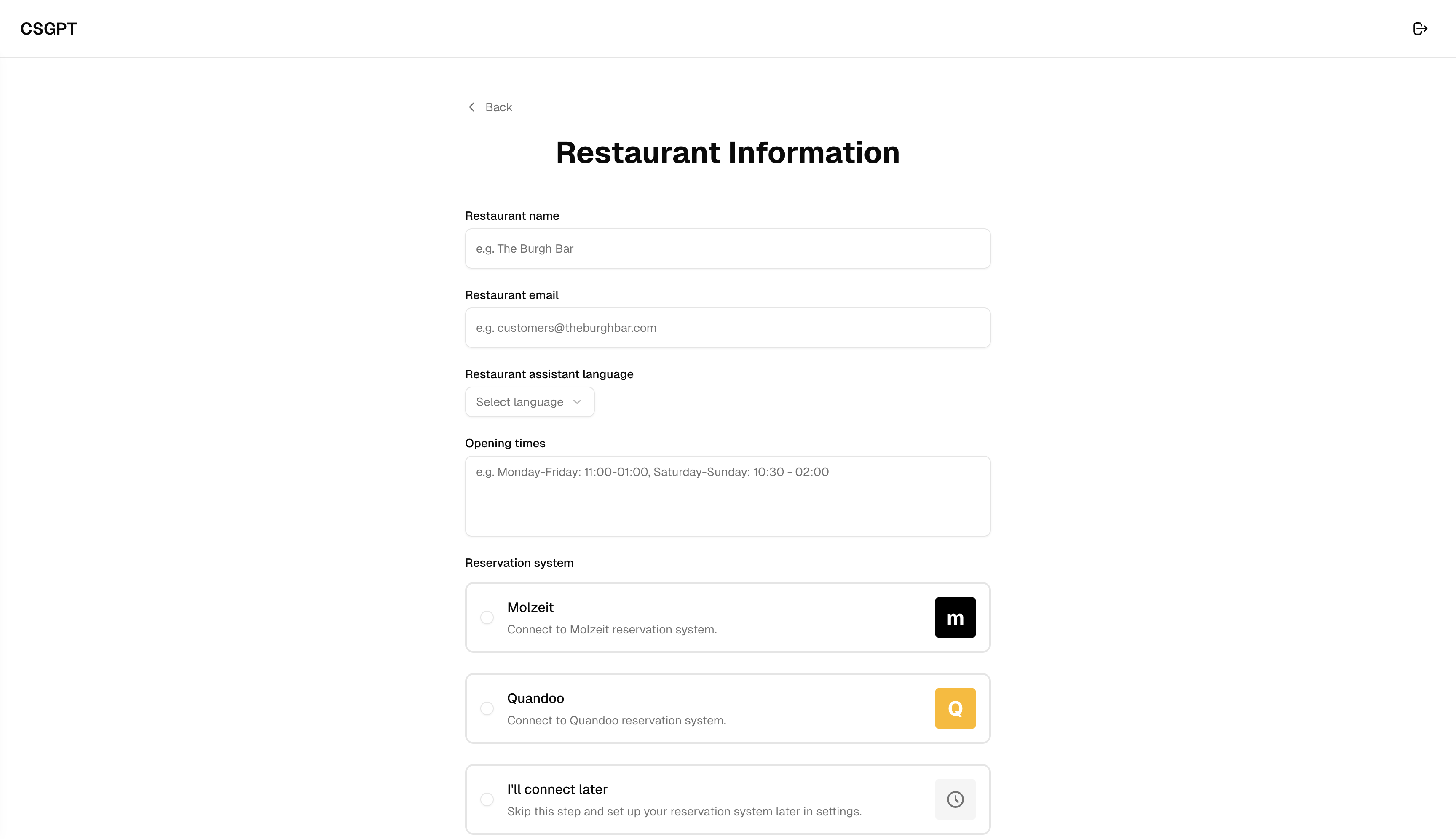 Restaurant Information form with Molzeit and Quandoo reservation system options