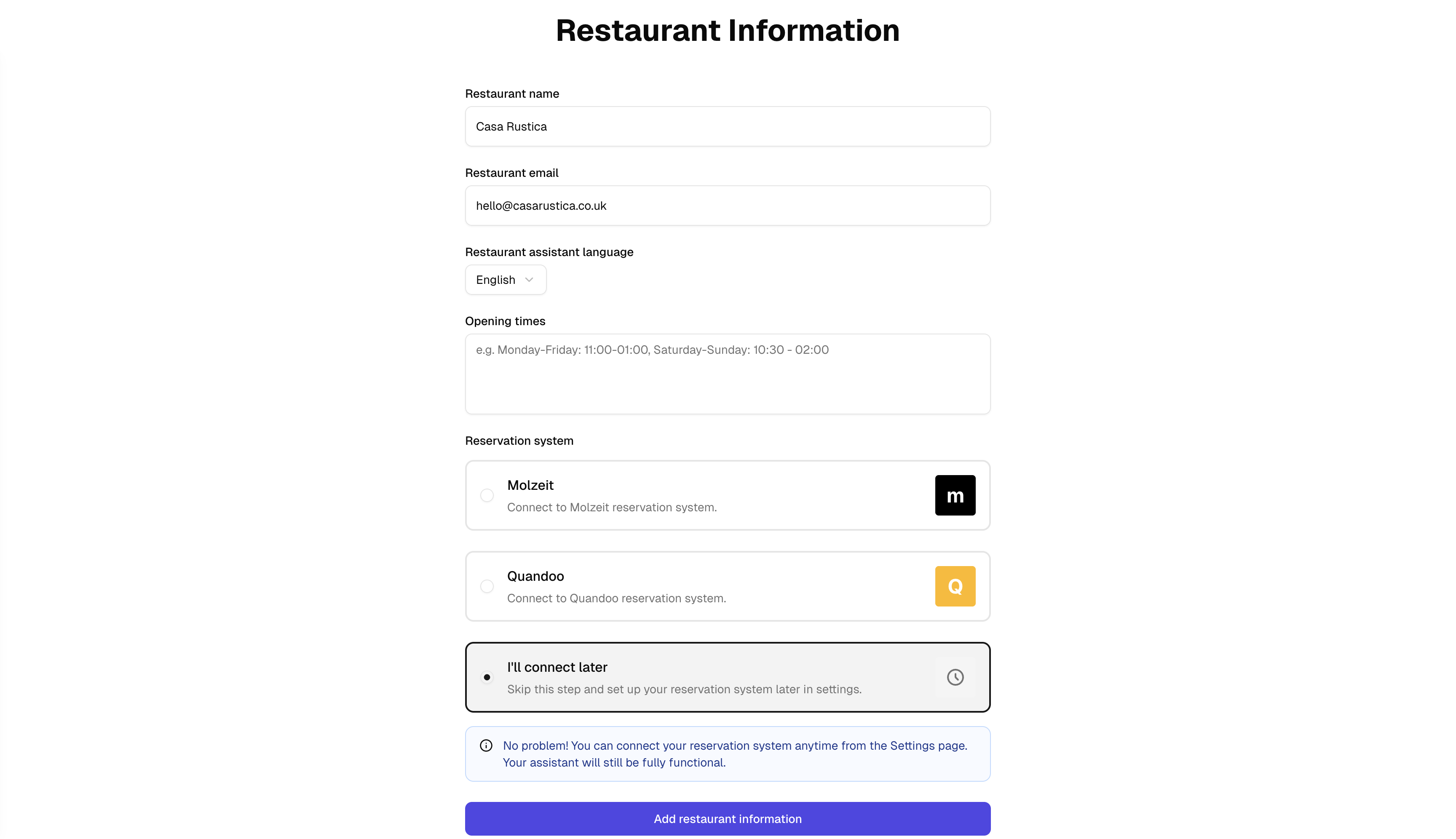 Restaurant Information with I'll connect later selected and flexible onboarding message