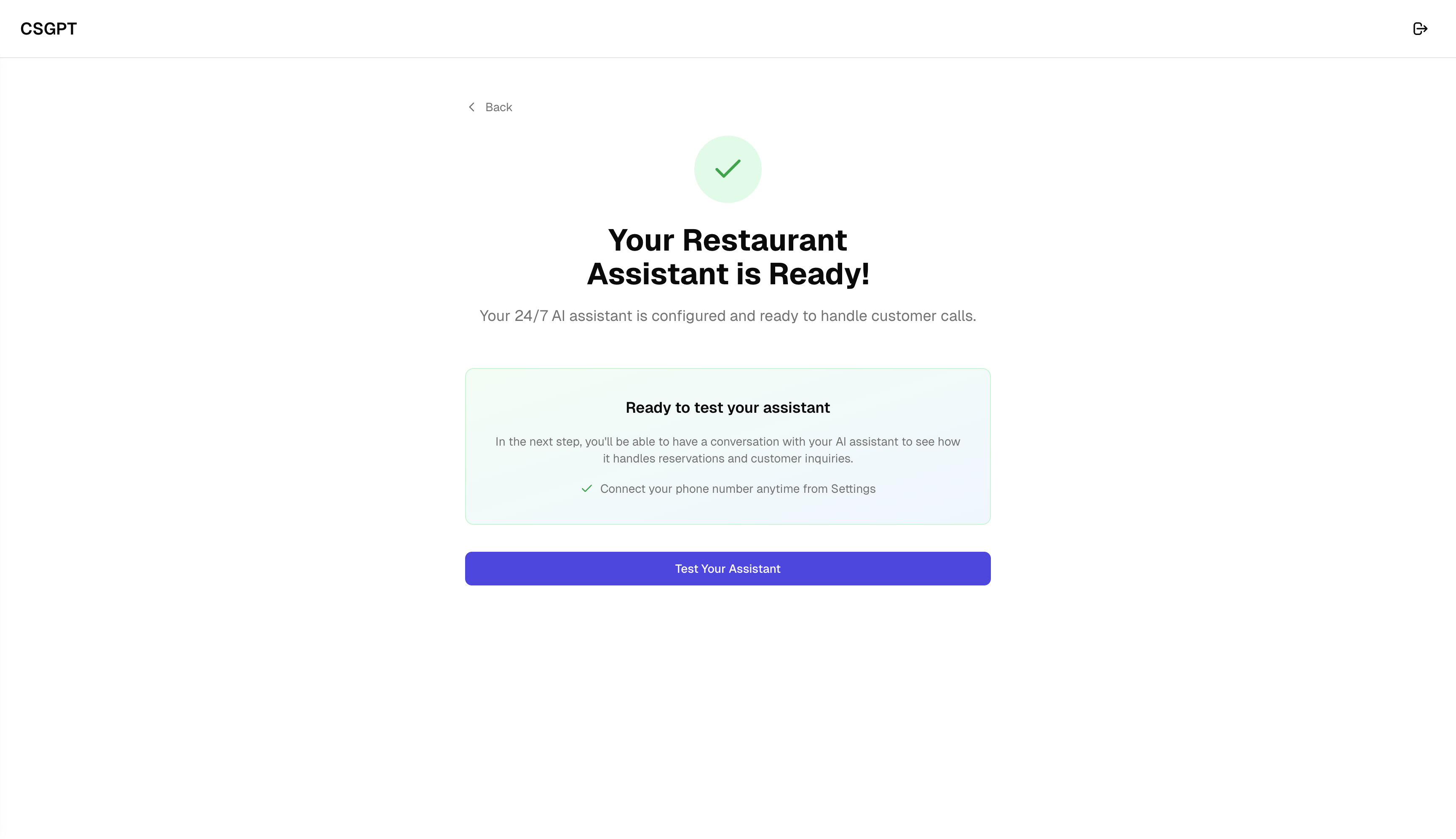 Your Restaurant Assistant is Ready - success screen with Test Your Assistant CTA