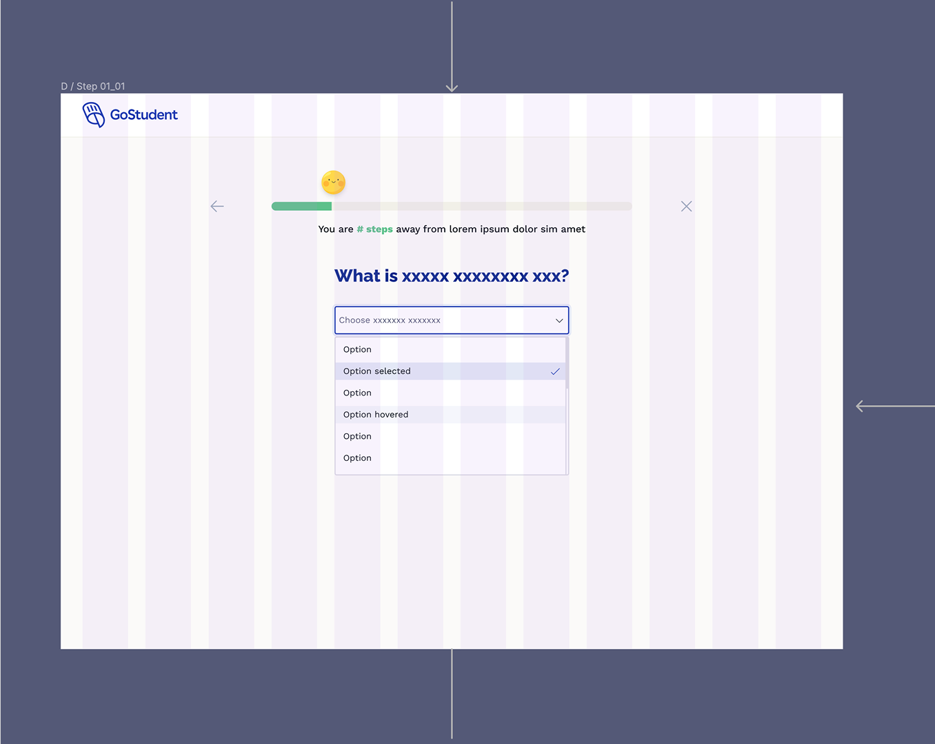 Component template showing dropdown states: default, selected, hovered