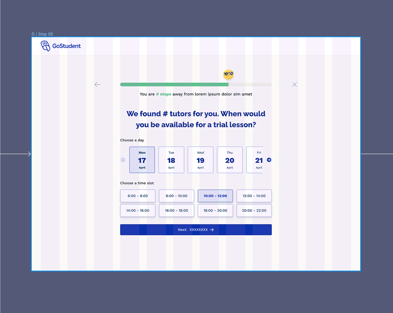 Date and time slot selection with day cards and time grid