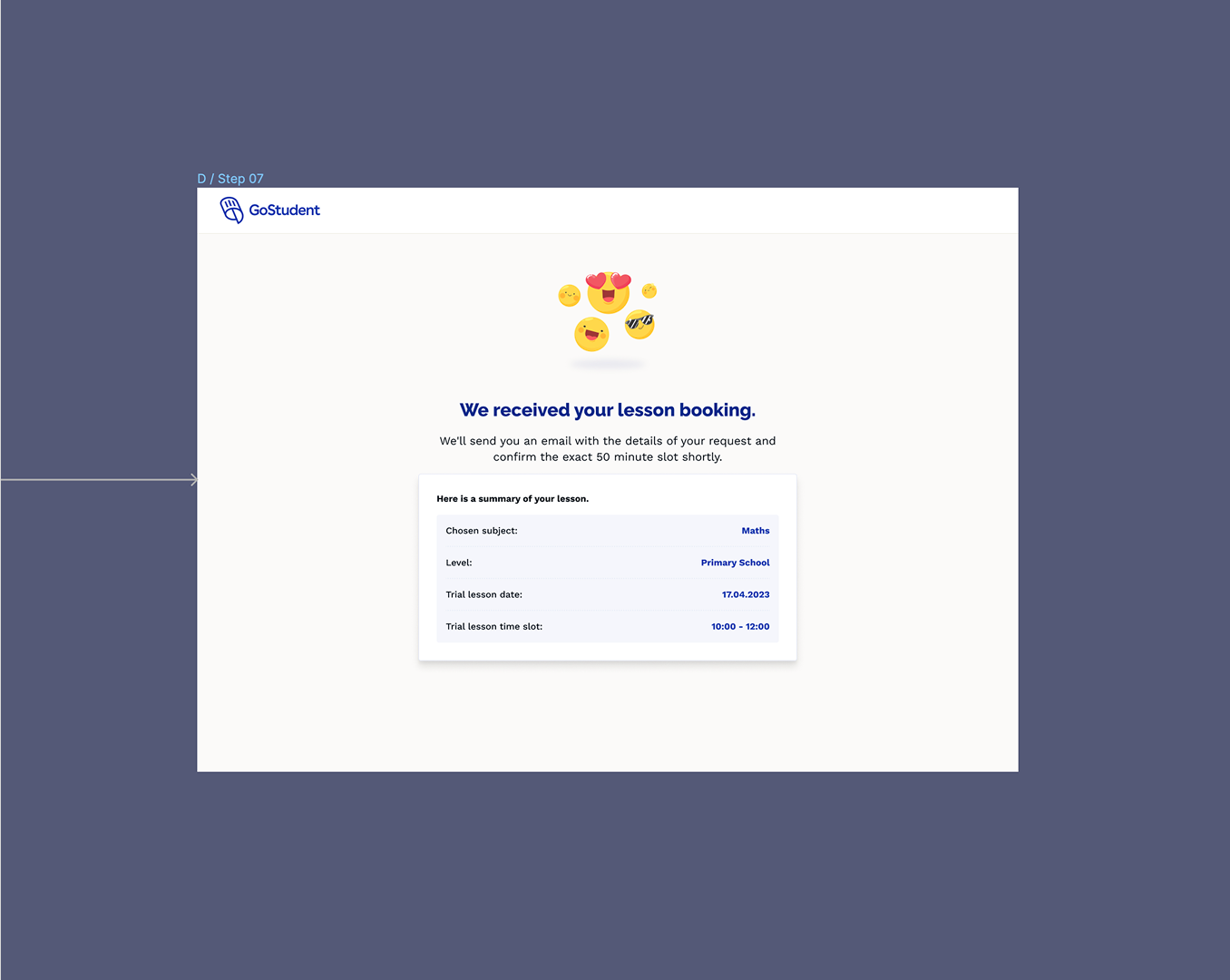 Booking confirmation screen with summary and success message