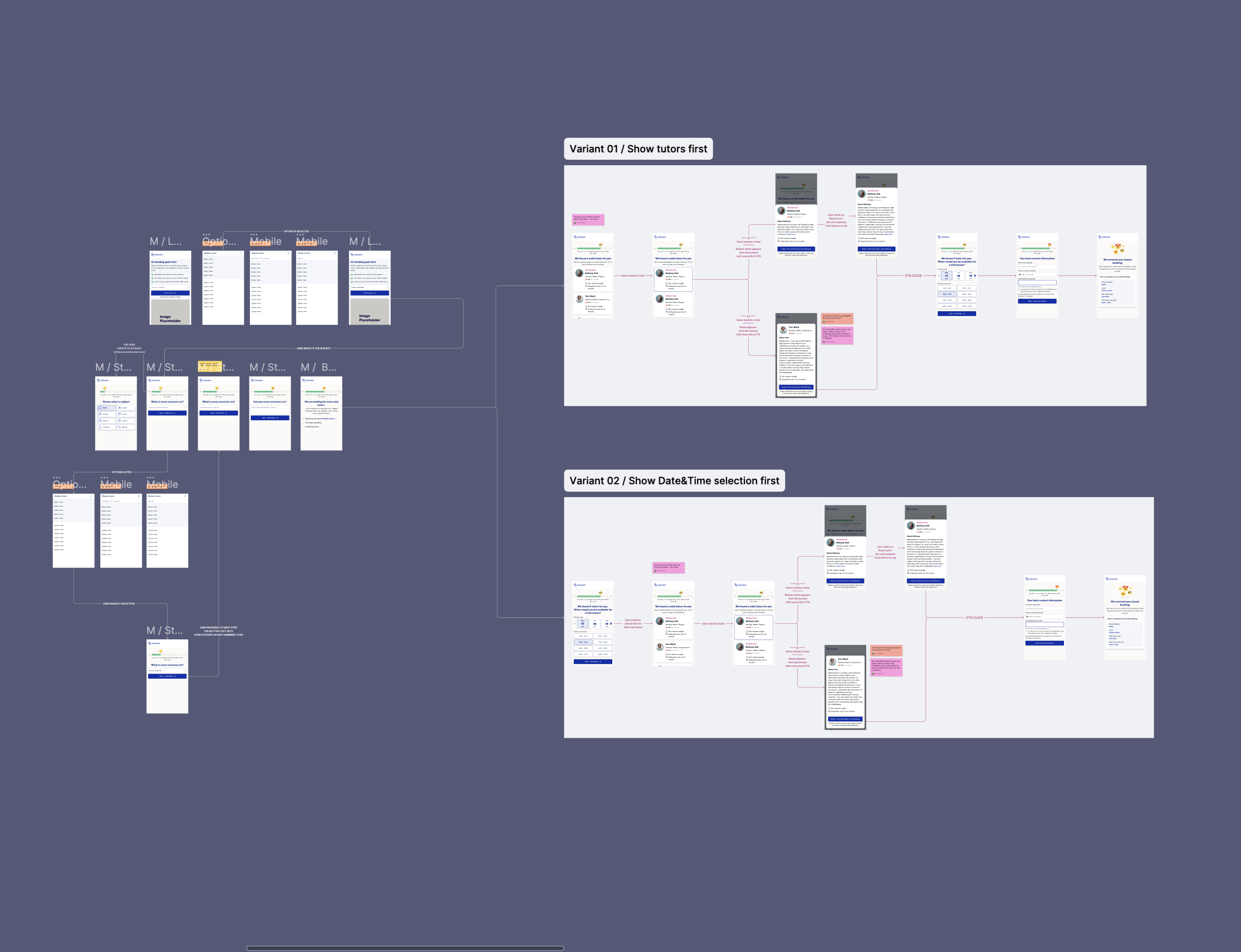 Two flow variants: Show tutors first vs Show date and time first, explored based on parent feedback