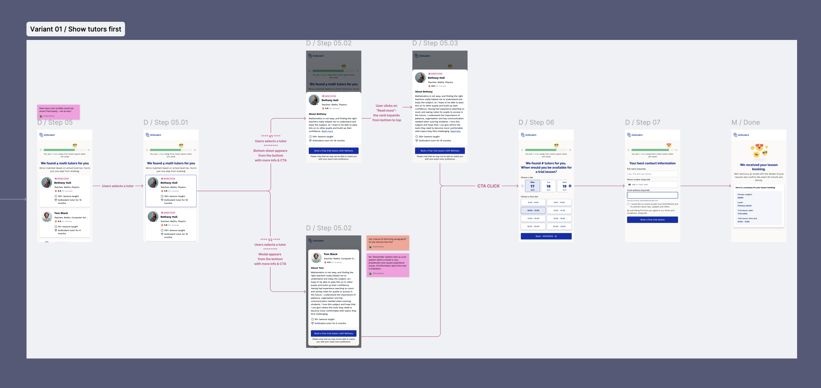 Show tutors first variant: full flow from tutor list to profile to booking