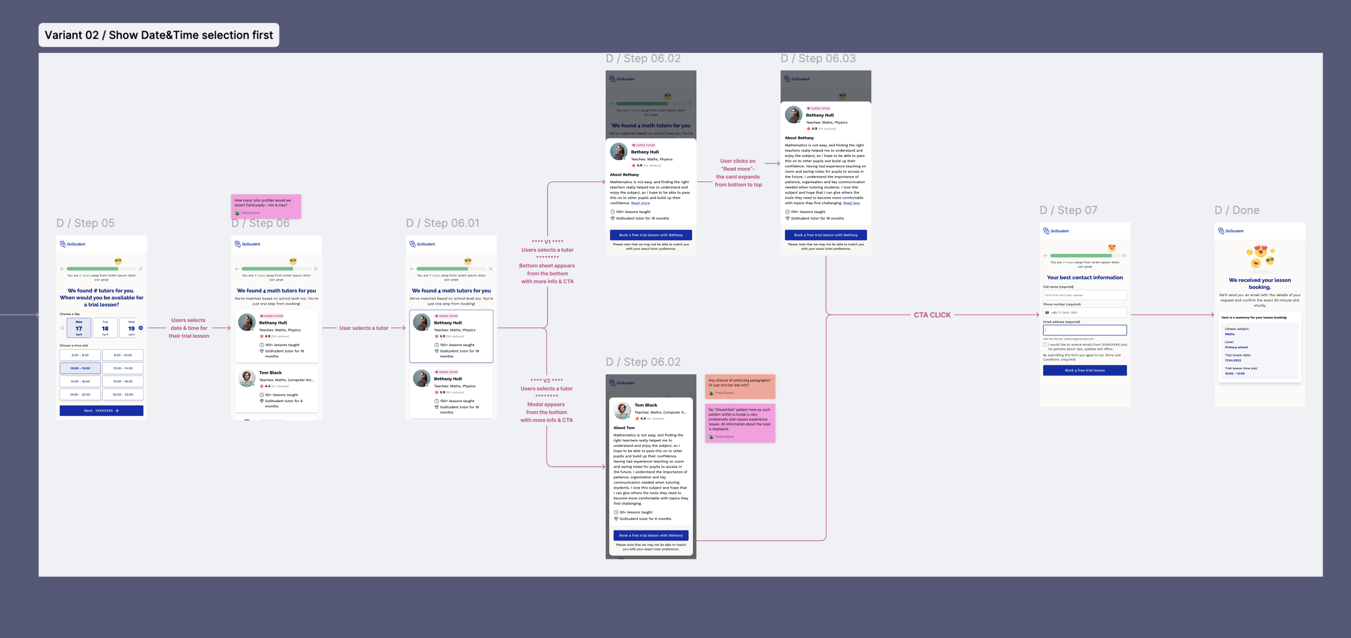 Variant 02: Show date and time first, then tutor list with profile modals