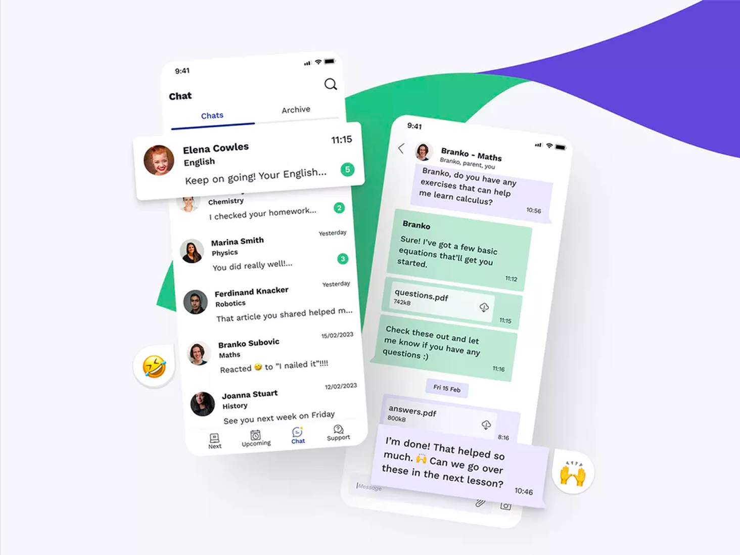 Chat list with unread counts and individual conversation with file sharing