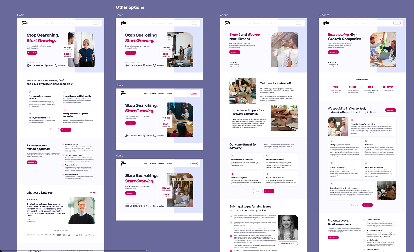 YouNameIt website: services, testimonials, and contact sections